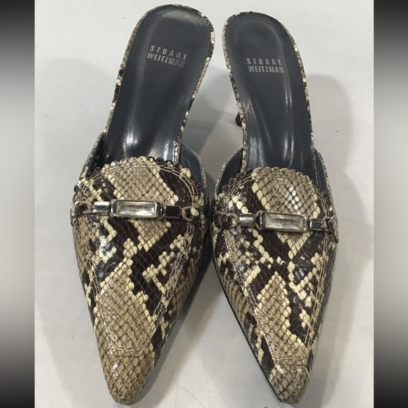 Stuart Weitzman Shoes - Women’s Stuart Weitzman Brown/Cream Snakeskin Mules Clogs Slide Size 8M